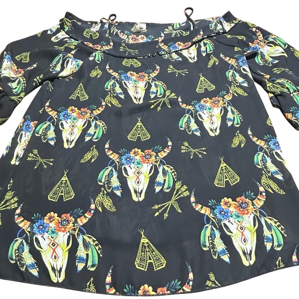 Now N Farewell southwestern style cow skull & teepee print peekaboo shoulders